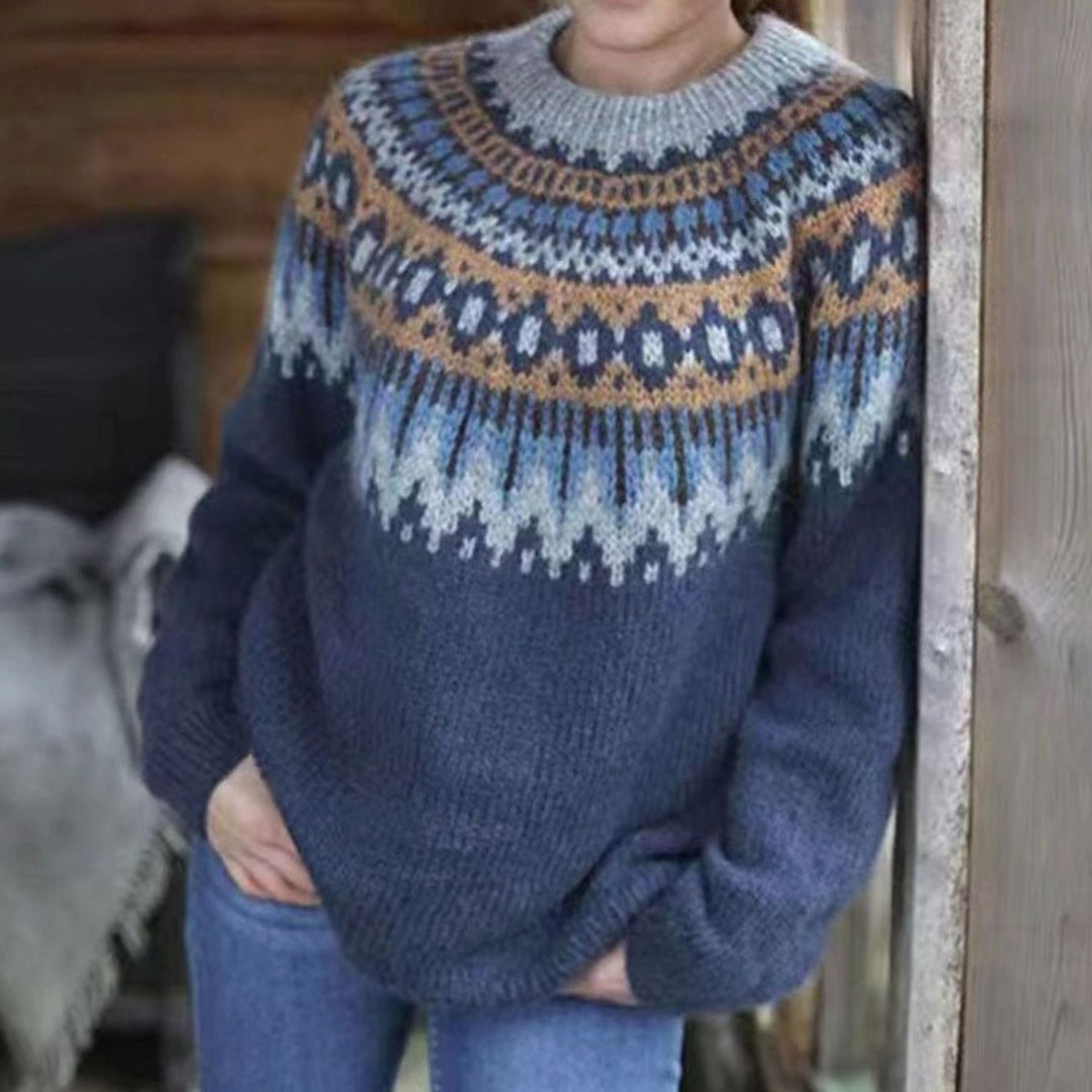Damen Fair-Isle Strickpullover Relaxed-Fit Rundhals für den Alltag - Grau