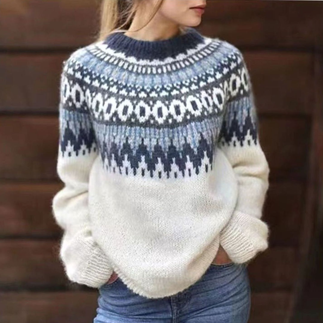 Damen Fair-Isle Strickpullover Relaxed-Fit Rundhals für den Alltag - Weiß