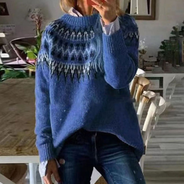 Damen Fair-Isle Strickpullover Relaxed-Fit Rundhals für den Alltag - Blau