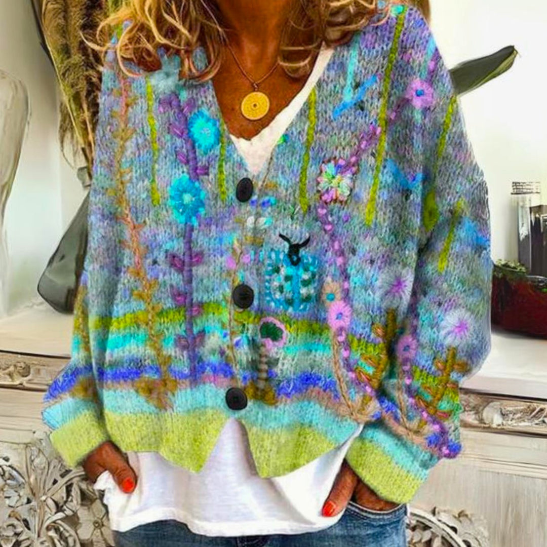 Damen farbenfroher Pullover Cardigan Bohème Strick V-Ausschnitt - Grün