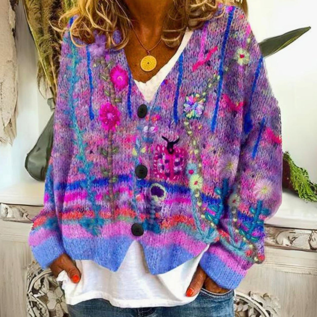 Damen farbenfroher Pullover Cardigan Bohème Strick V-Ausschnitt - Lila