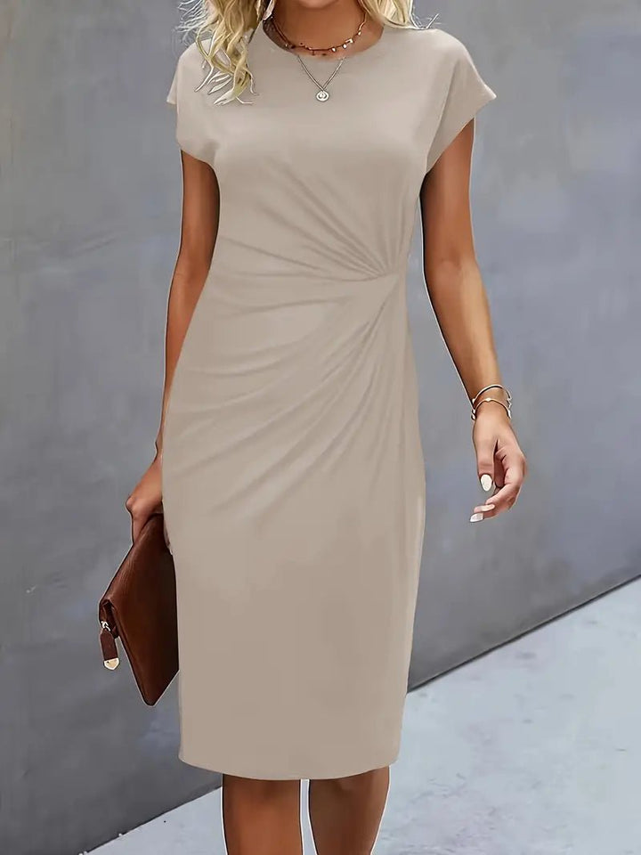 Damen Figurbetontes Gerafftes Kurzarm Midi-Kleid - Beige