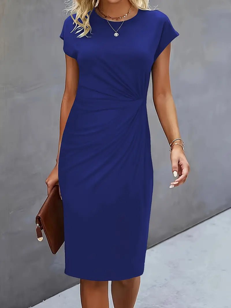 Damen Figurbetontes Gerafftes Kurzarm Midi-Kleid - Navy Blue