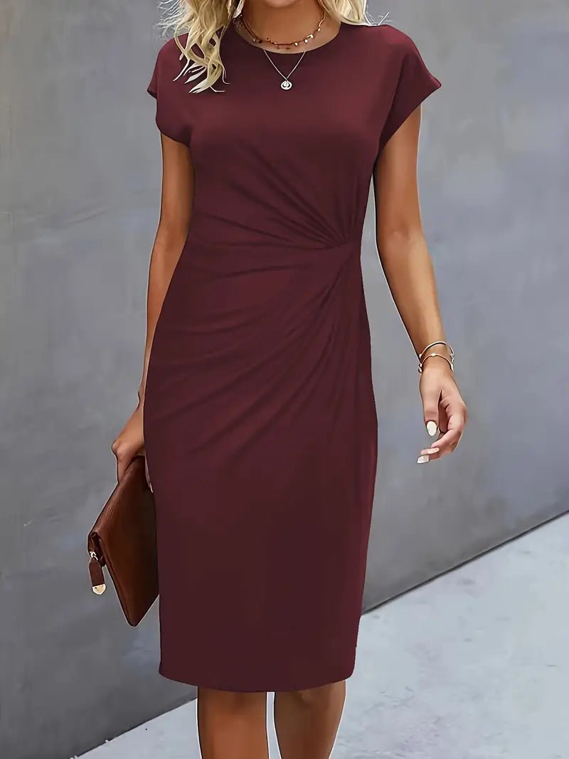Damen Figurbetontes Gerafftes Kurzarm Midi-Kleid - Wine Red