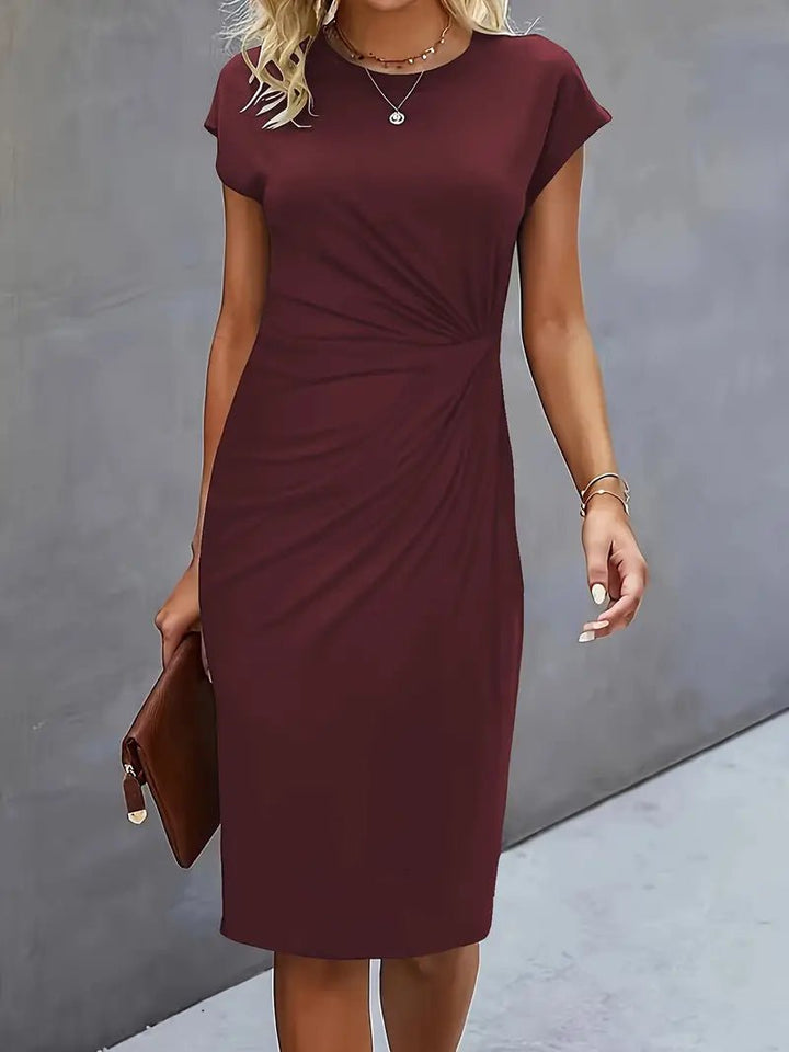 Damen Figurbetontes Gerafftes Kurzarm Midi-Kleid - Wine Red