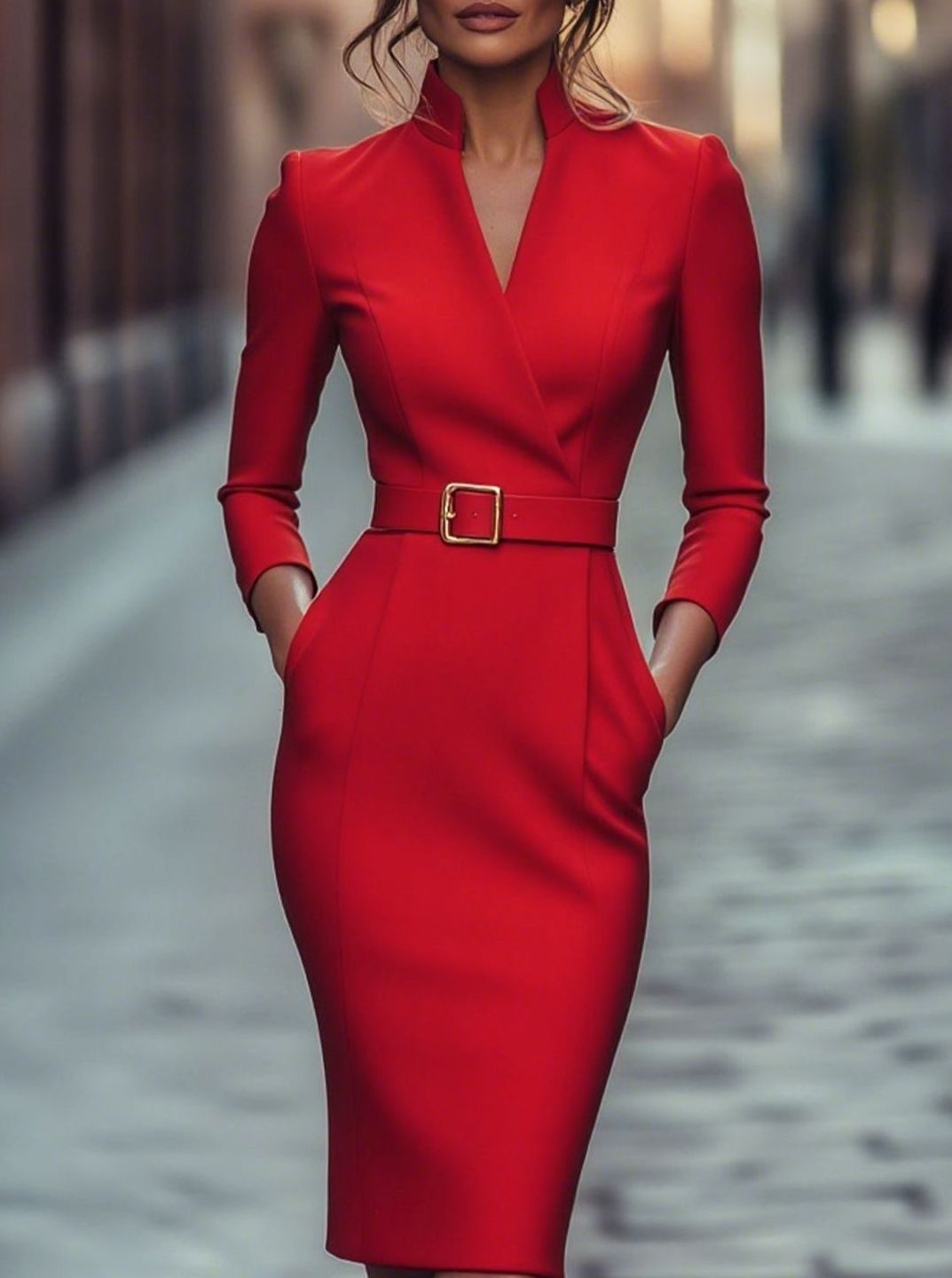 Damen Figurbetontes Midi-Etuikleid mit Gürtel Stehkragen 3/4-Arm - Rot