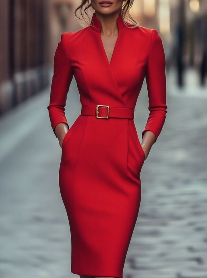 Damen Figurbetontes Midi-Etuikleid mit Gürtel Stehkragen 3/4-Arm - Rot