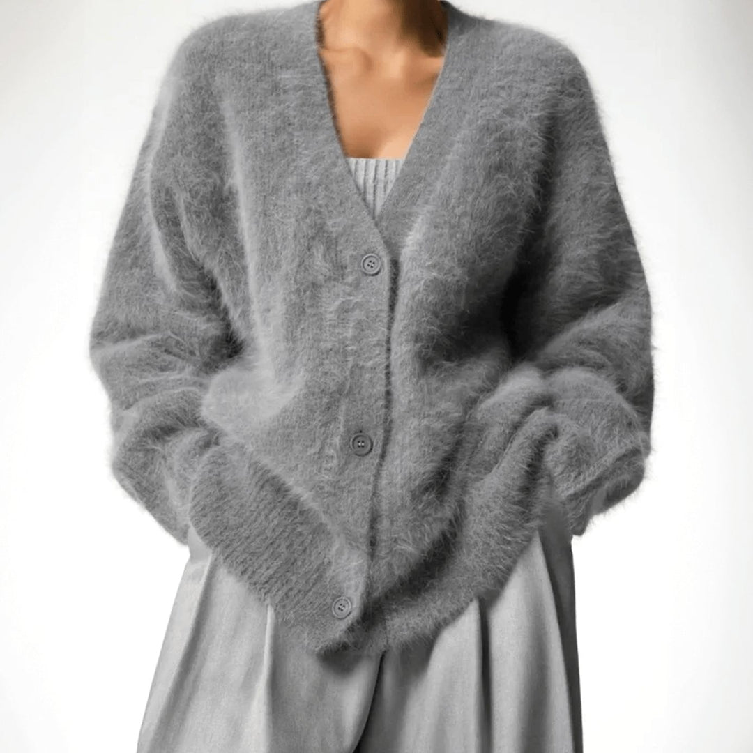 Damen Flauschige Oversized Strickjacke mit Knopfleiste V-Ausschnitt