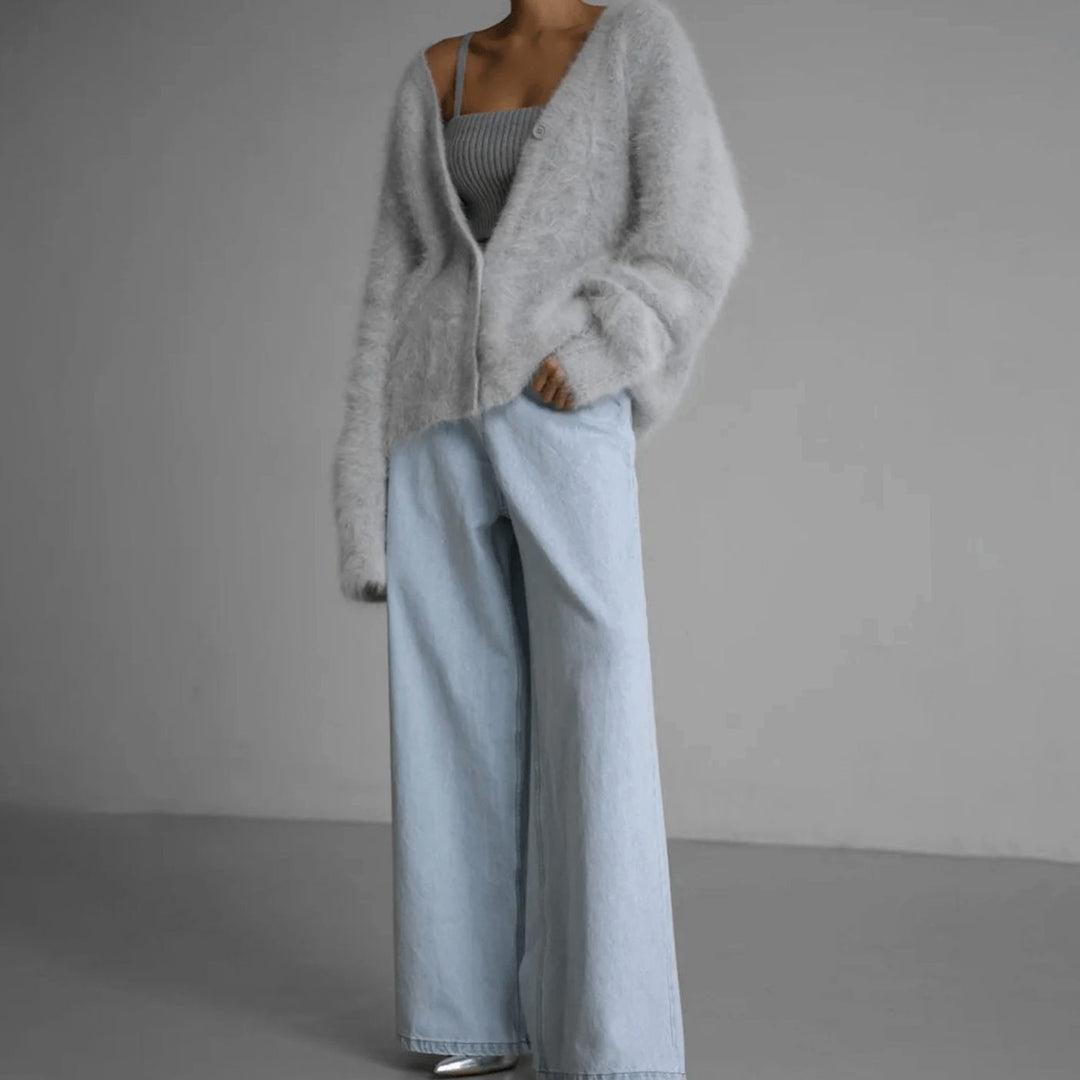Damen Flauschige Oversized Strickjacke mit Knopfleiste V-Ausschnitt