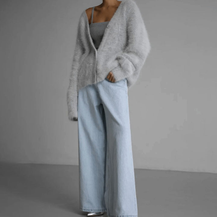 Damen Flauschige Oversized Strickjacke mit Knopfleiste V-Ausschnitt