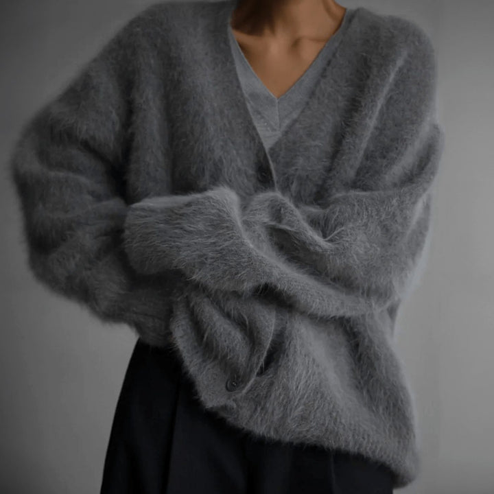 Damen Flauschige Oversized Strickjacke mit Knopfleiste V-Ausschnitt - Sterling-Grau