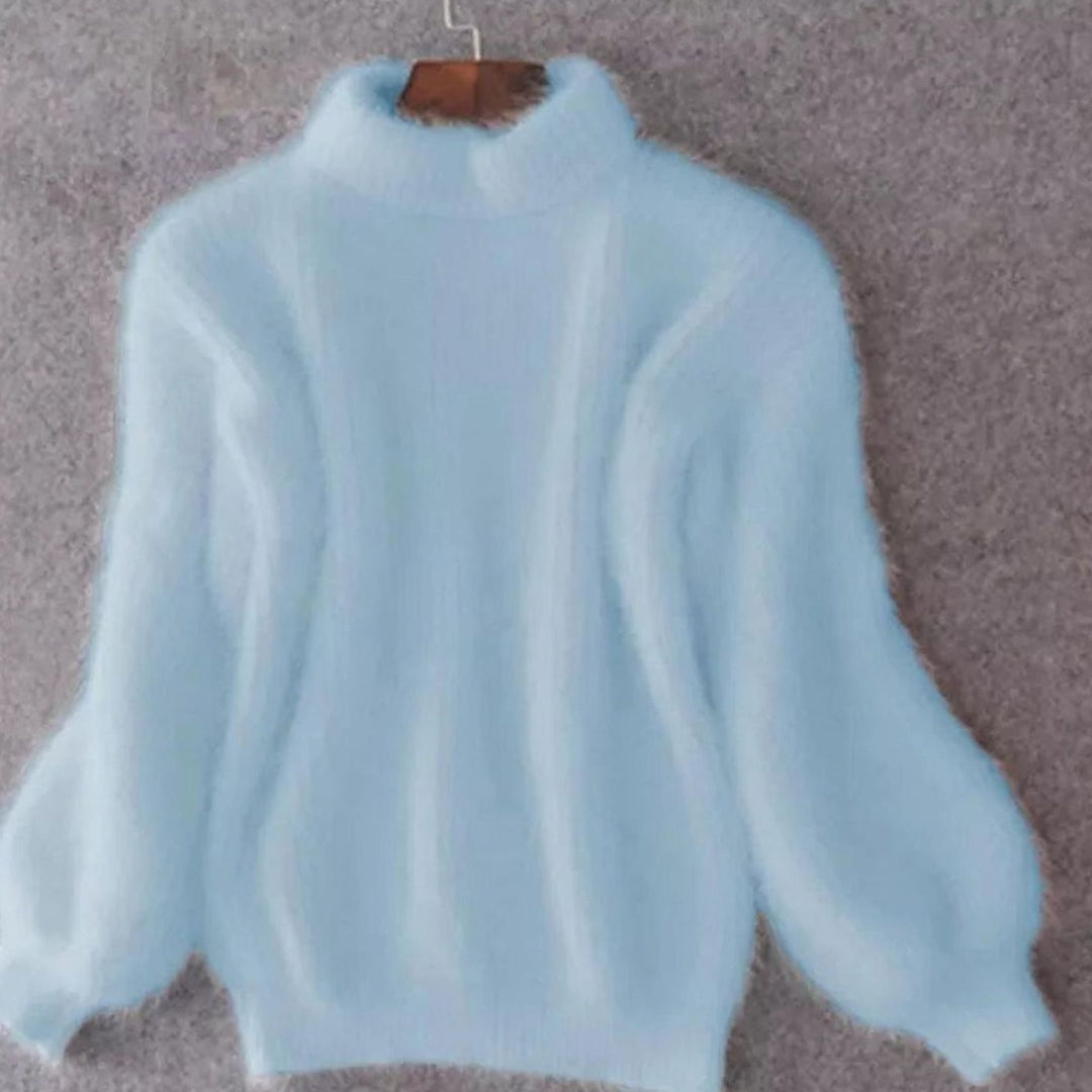 Damen Flauschiger Rollkragenpullover mit hohem Kragen Oversized Strick - Blau