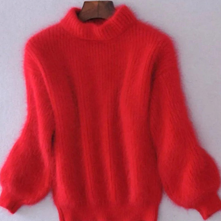 Damen Flauschiger Rollkragenpullover mit hohem Kragen Oversized Strick - Rot