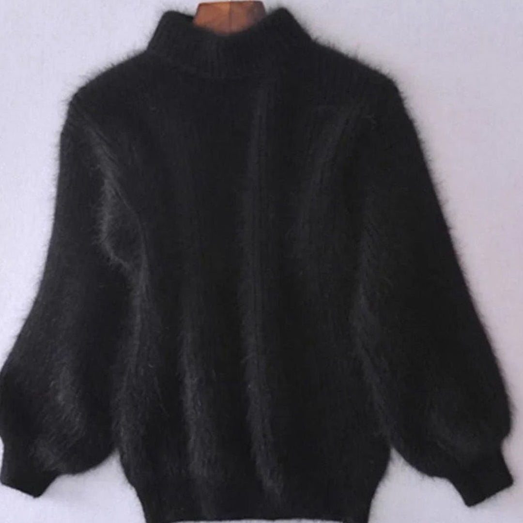 Damen Flauschiger Rollkragenpullover mit hohem Kragen Oversized Strick - Schwarz