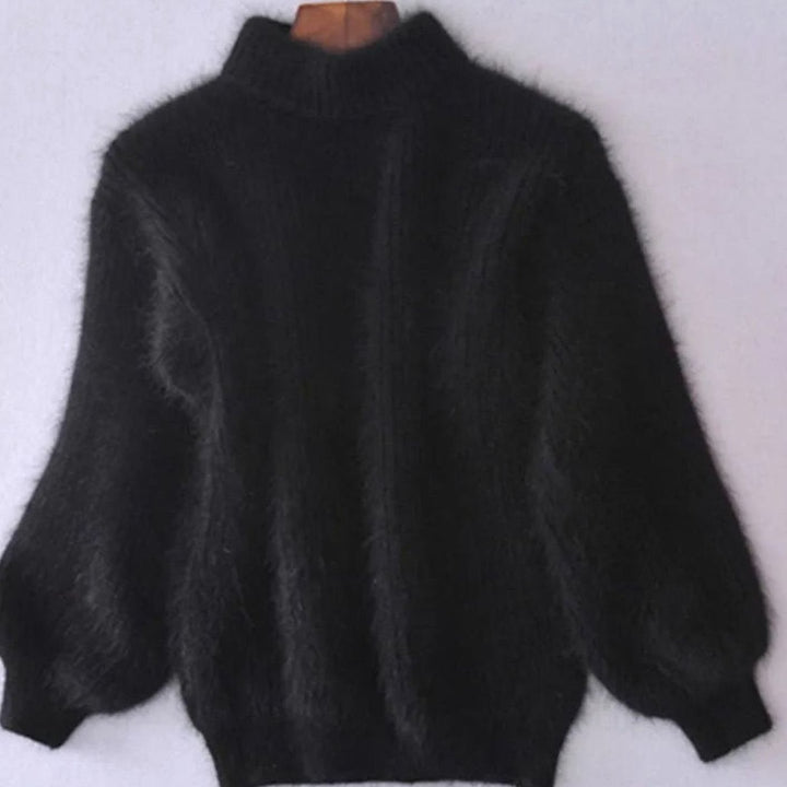Damen Flauschiger Rollkragenpullover mit hohem Kragen Oversized Strick - Schwarz
