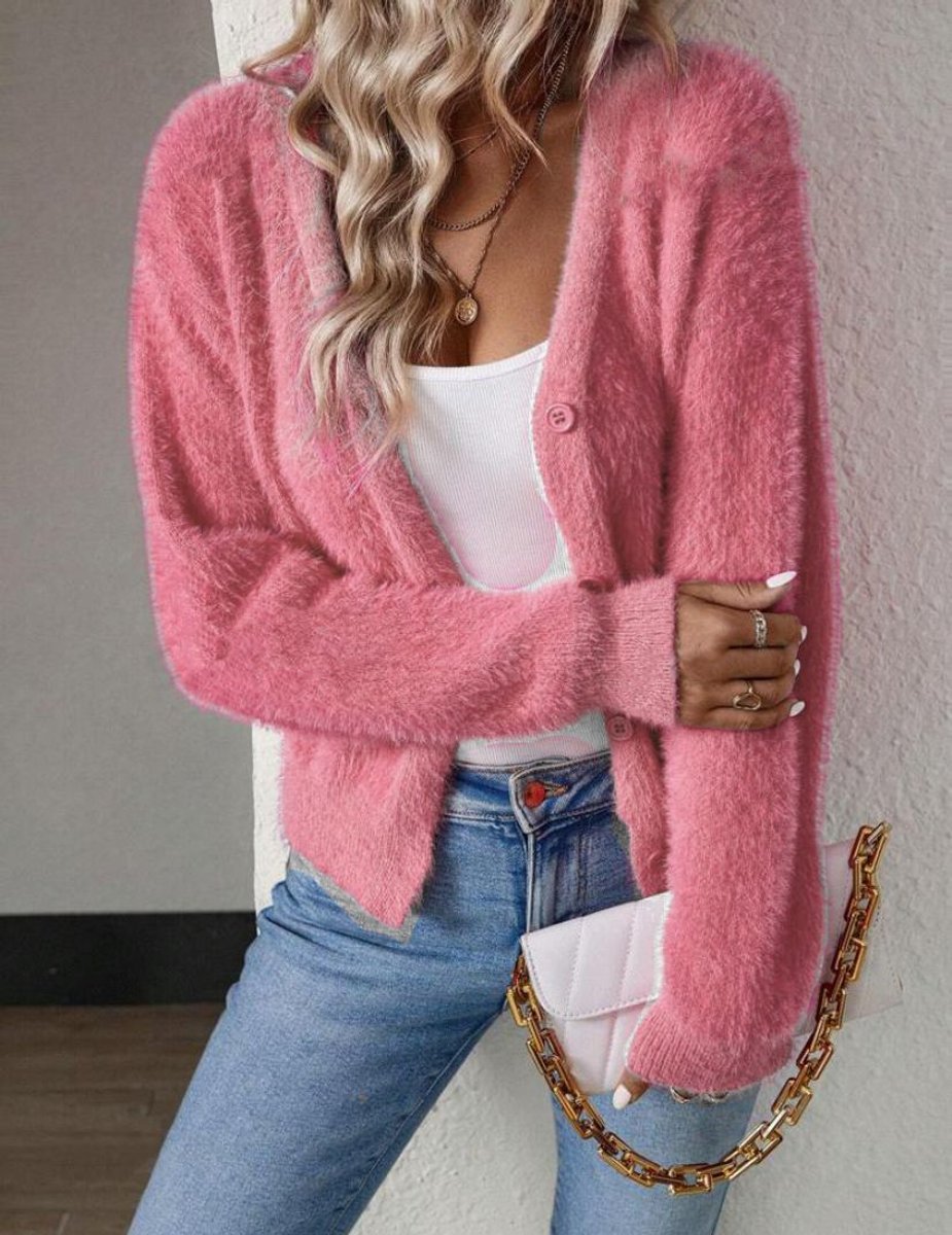 Damen Flauschiger V-Ausschnitt Cardigan mit Knopfleiste - Rosa
