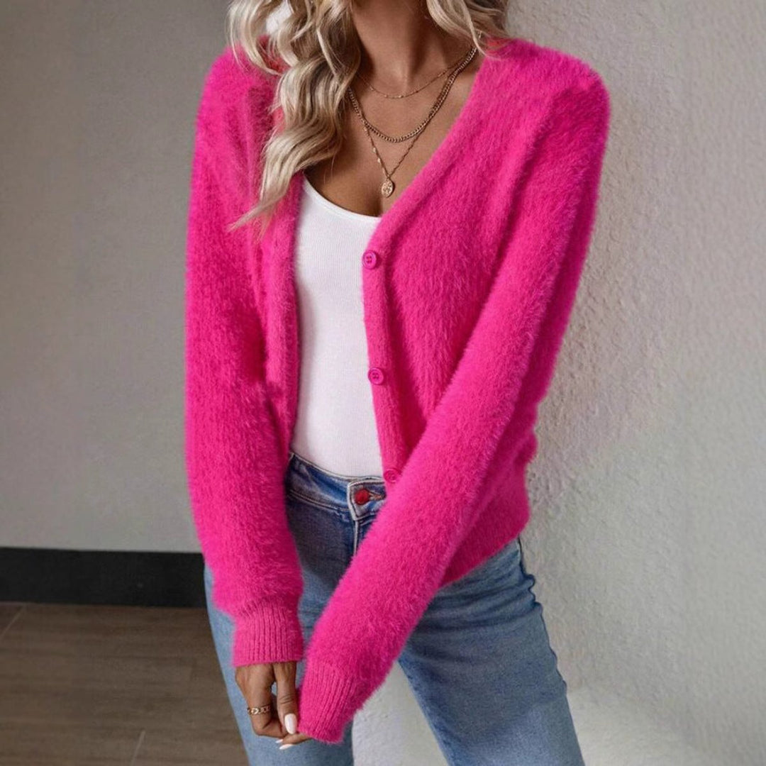 Damen Flauschiger V-Ausschnitt Cardigan mit Knopfleiste