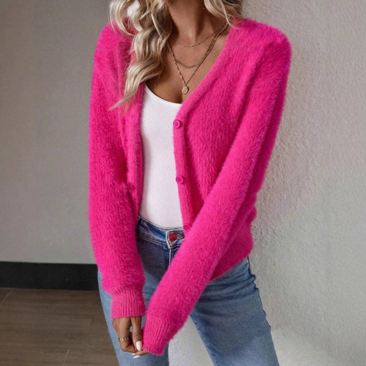 Damen Flauschiger V-Ausschnitt Cardigan mit Knopfleiste