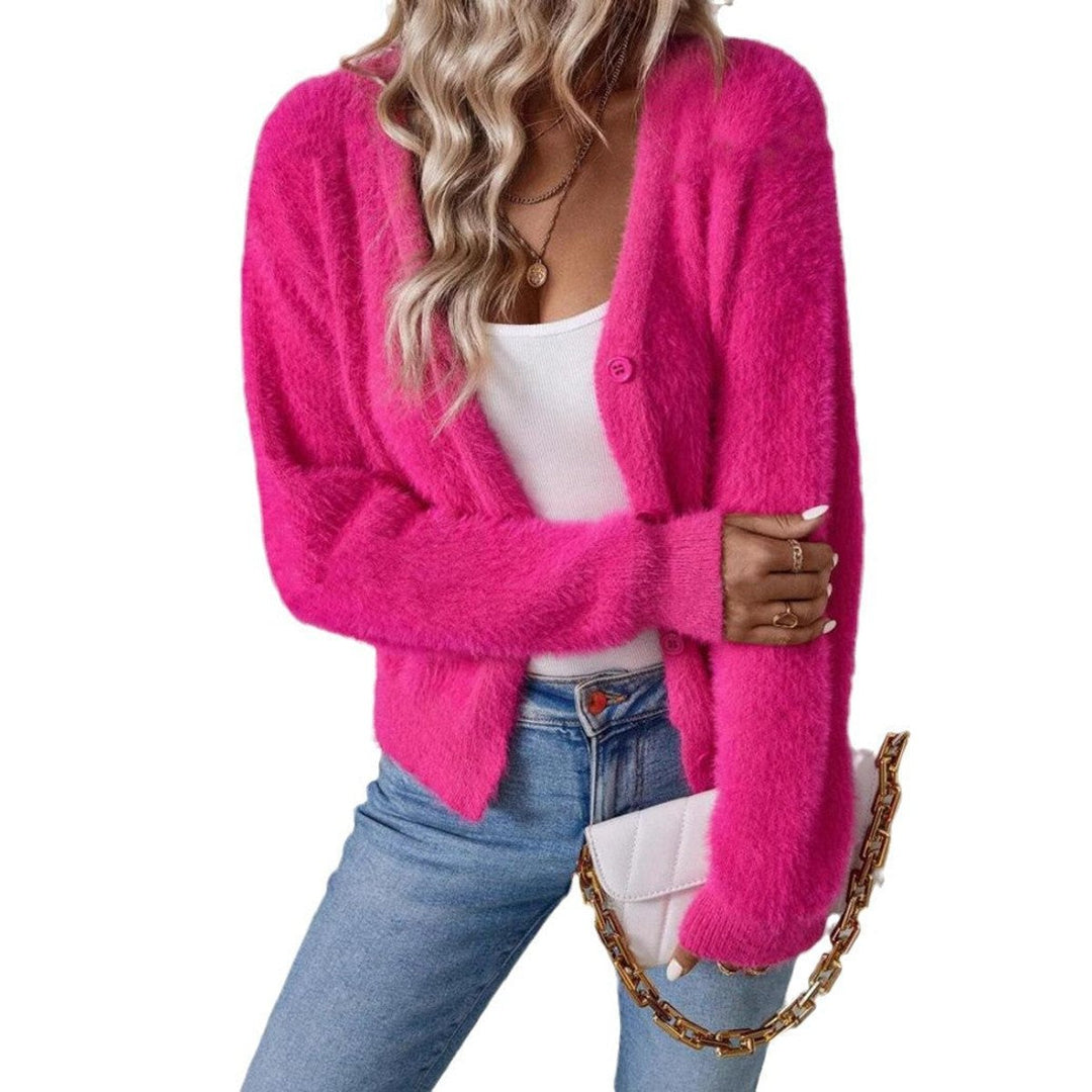 Damen Flauschiger V-Ausschnitt Cardigan mit Knopfleiste