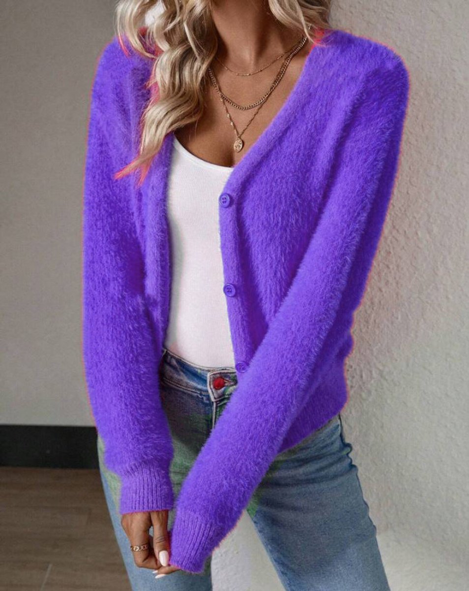 Damen Flauschiger V-Ausschnitt Cardigan mit Knopfleiste - Flieder
