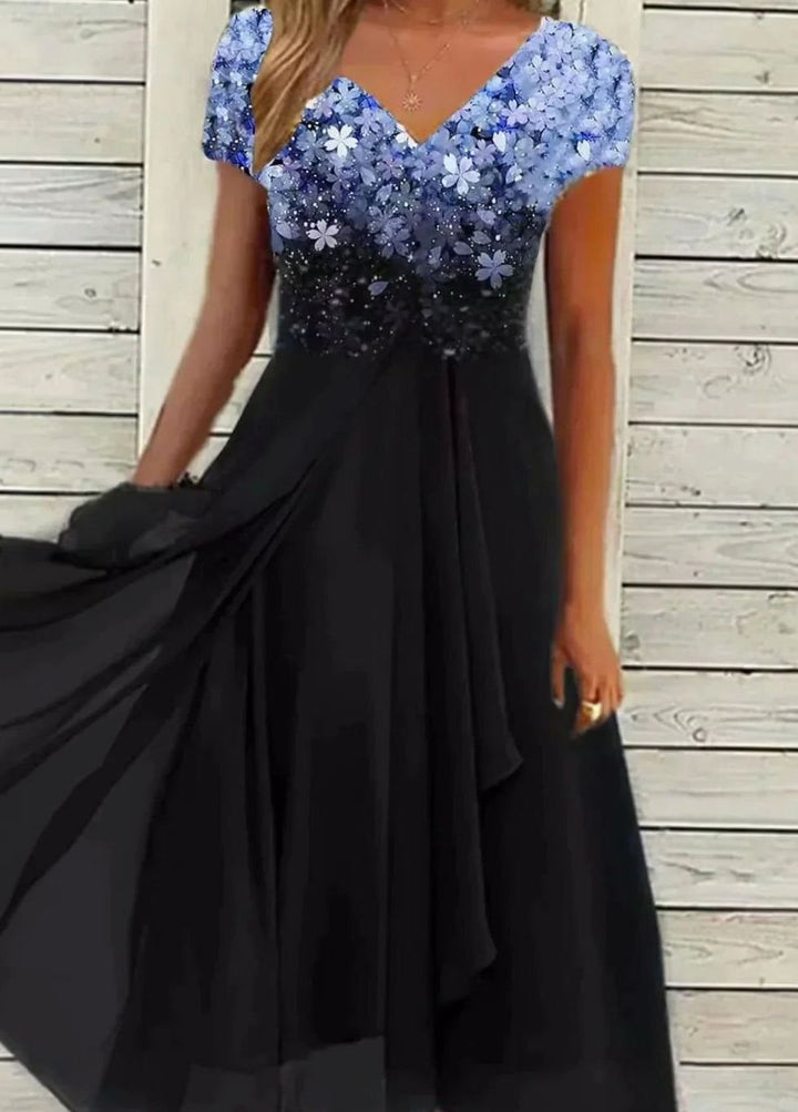 Damen Fließendes Blumenkleid mit kurzen Ärmeln V-Ausschnitt Midi - Blau Schwarz