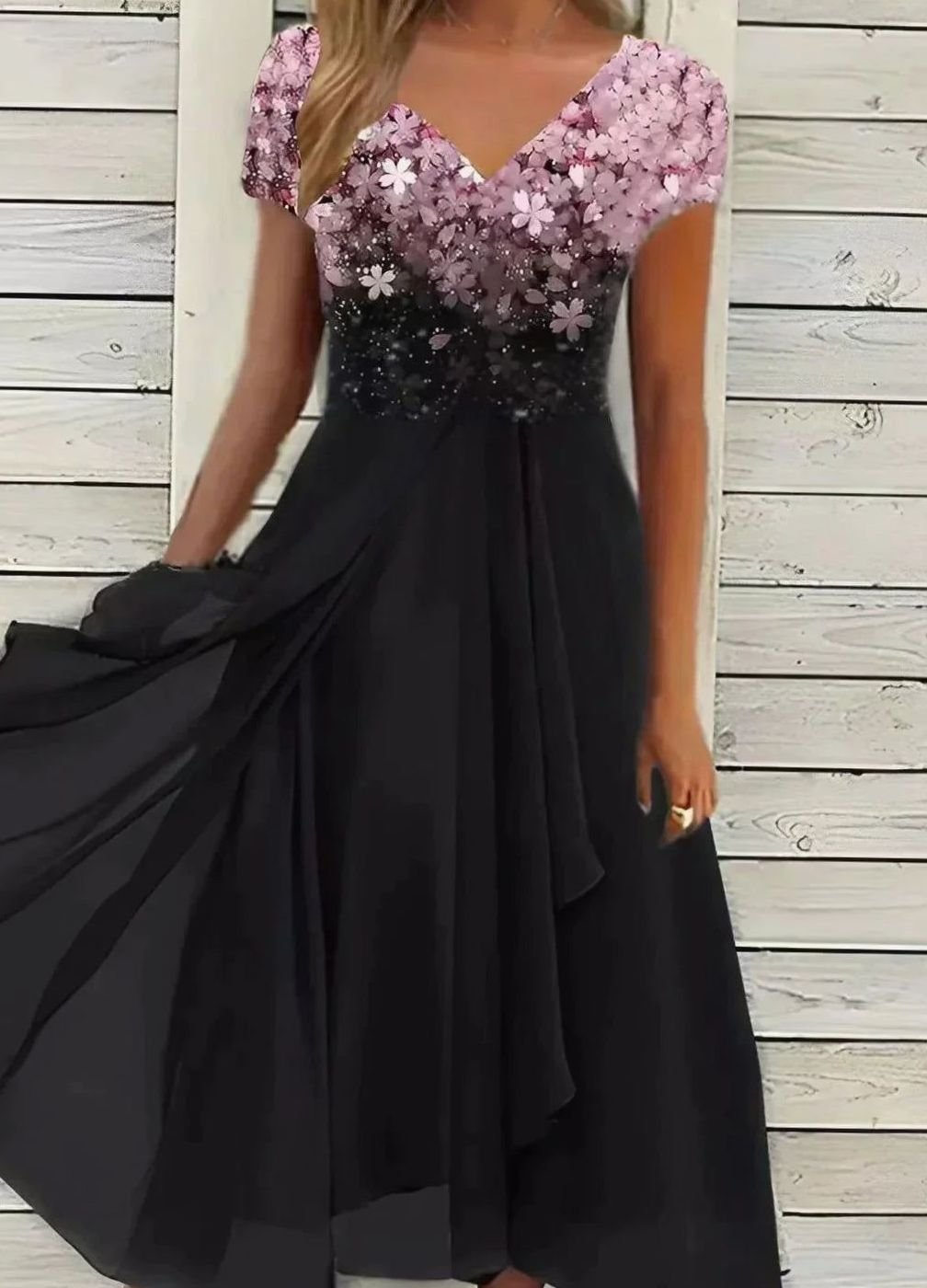 Damen Fließendes Blumenkleid mit kurzen Ärmeln V-Ausschnitt Midi - Rosa Schwarz