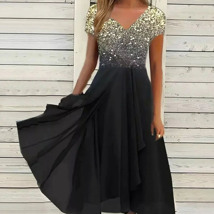 Damen Fließendes Blumenkleid mit kurzen Ärmeln V-Ausschnitt Midi - Gold Schwarz