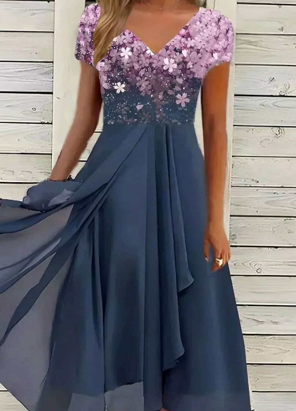 Damen Fließendes Blumenkleid mit kurzen Ärmeln V-Ausschnitt Midi - Rosa Blau