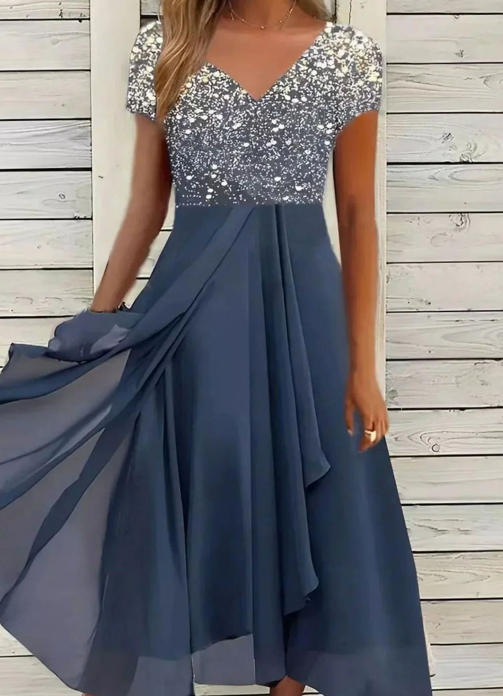 Damen Fließendes Blumenkleid mit kurzen Ärmeln V-Ausschnitt Midi - Silber Blau
