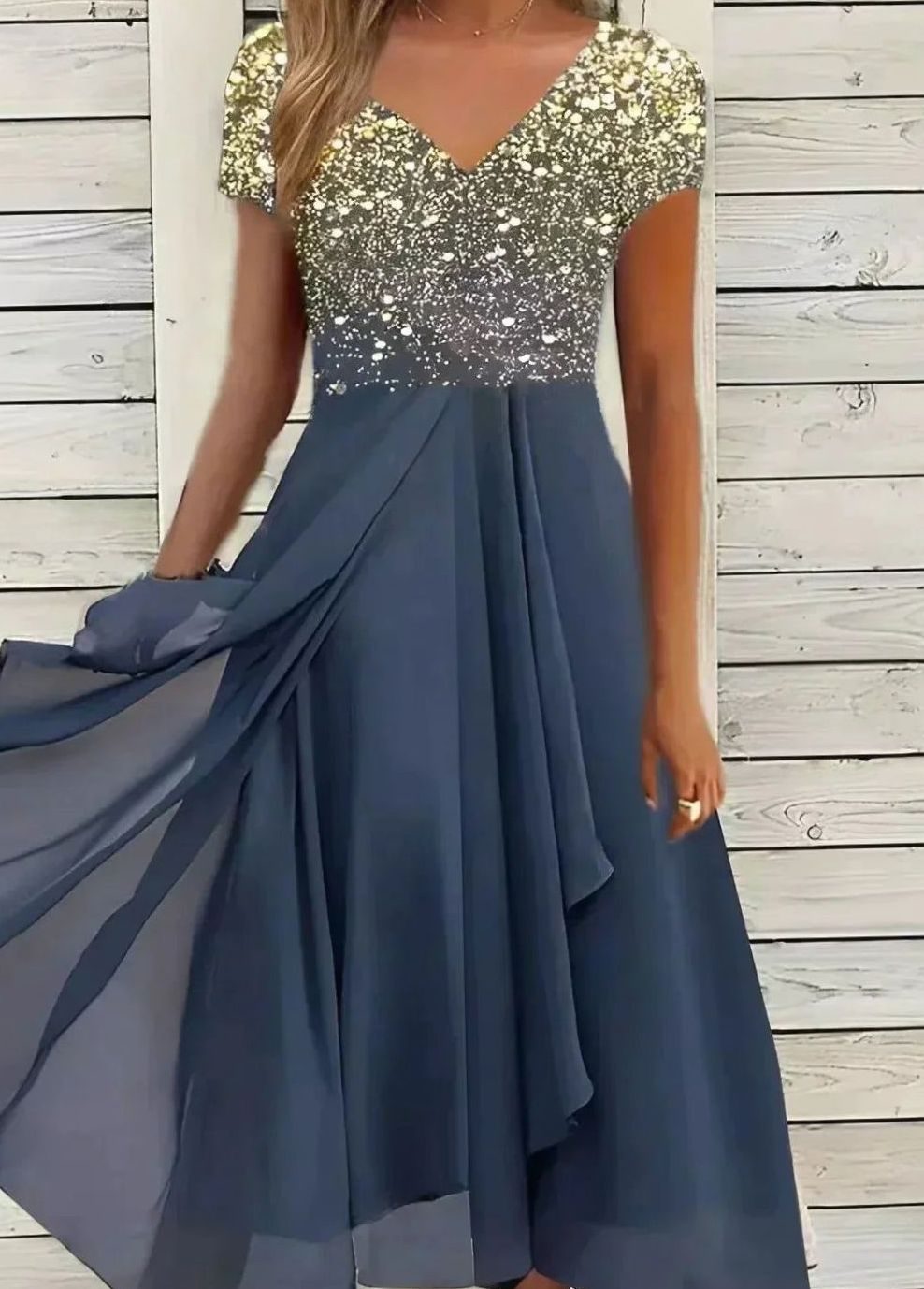 Damen Fließendes Blumenkleid mit kurzen Ärmeln V-Ausschnitt Midi - Gold Blau