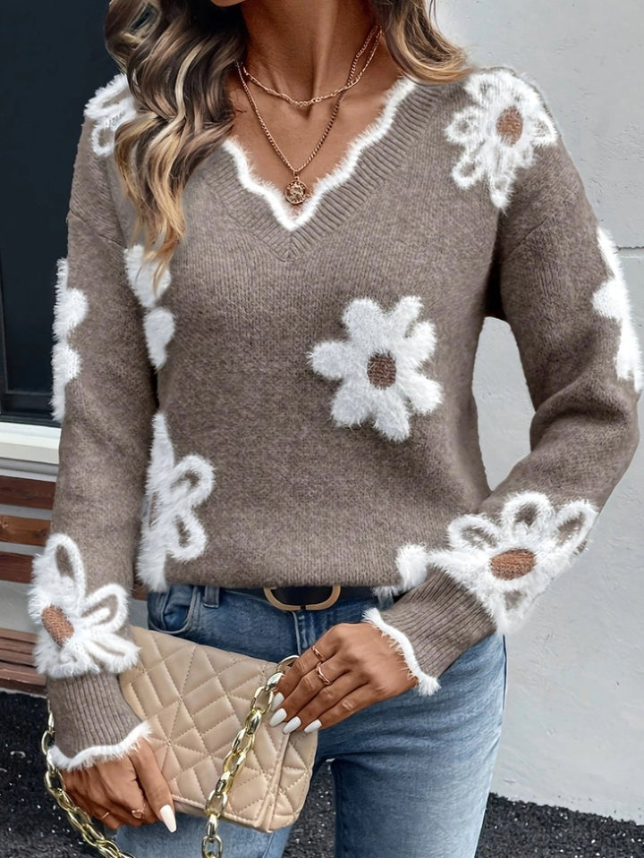Damen Floral V-Ausschnitt Knit Sweater mit Gänseblümchen-Muster - Khaki