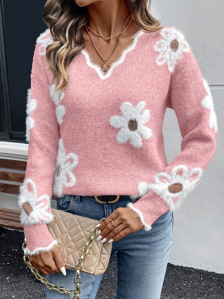 Damen Floral V-Ausschnitt Knit Sweater mit Gänseblümchen-Muster