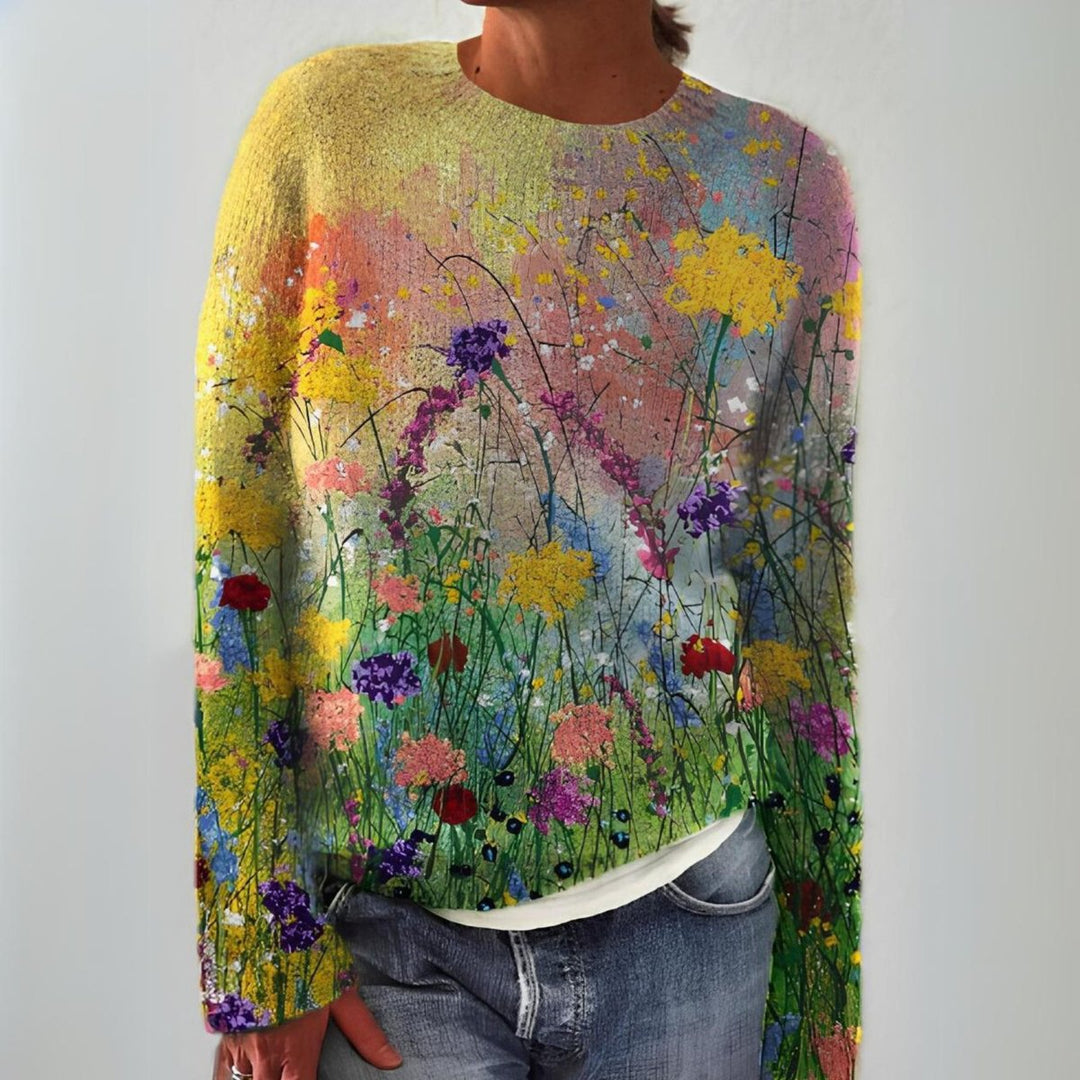 Damen Floraler Knit Sweater Langarm Rundhals Pullover - Mehrfarbig