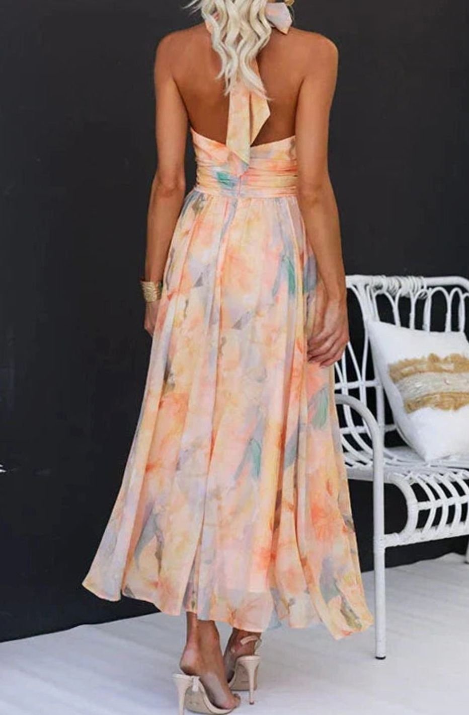 Damen Florales Neckholder Maxi Kleid Sommerkleid Midi-Länge