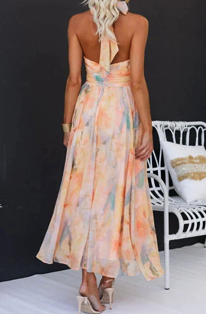 Damen Florales Neckholder Maxi Kleid Sommerkleid Midi-Länge