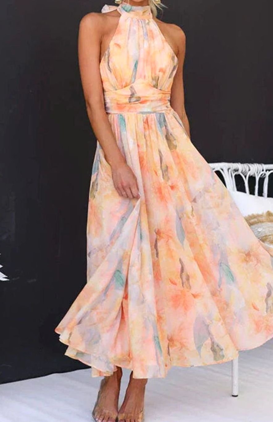 Damen Florales Neckholder Maxi Kleid Sommerkleid Midi-Länge