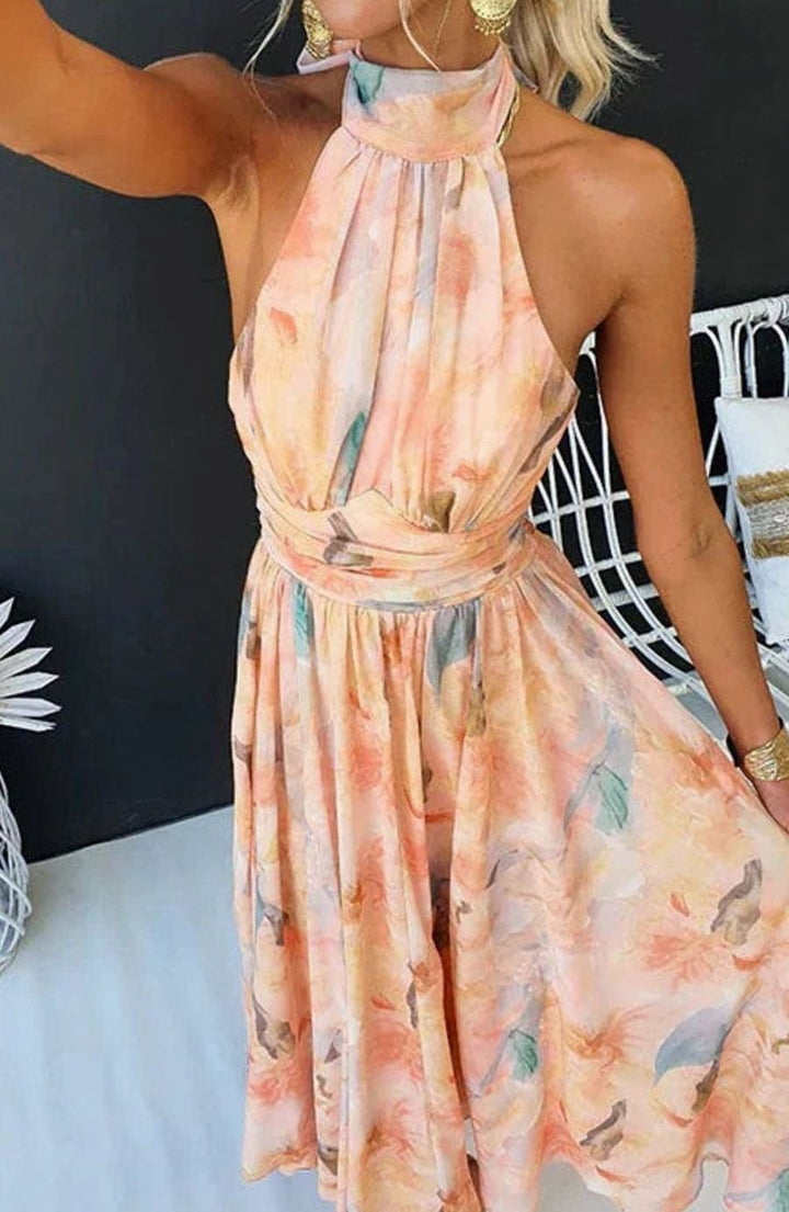 Damen Florales Neckholder Maxi Kleid Sommerkleid Midi-Länge