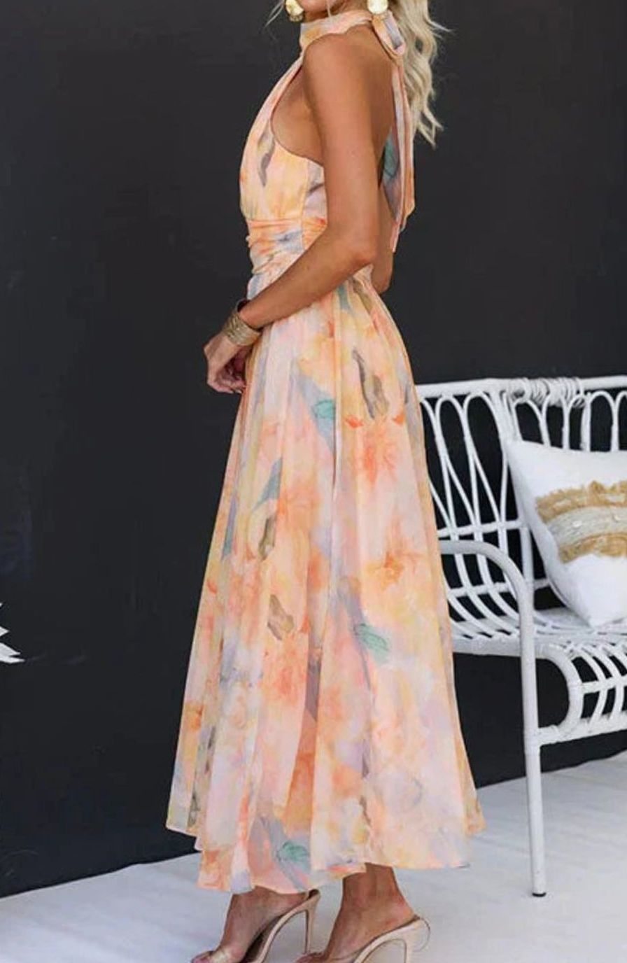 Damen Florales Neckholder Maxi Kleid Sommerkleid Midi-Länge