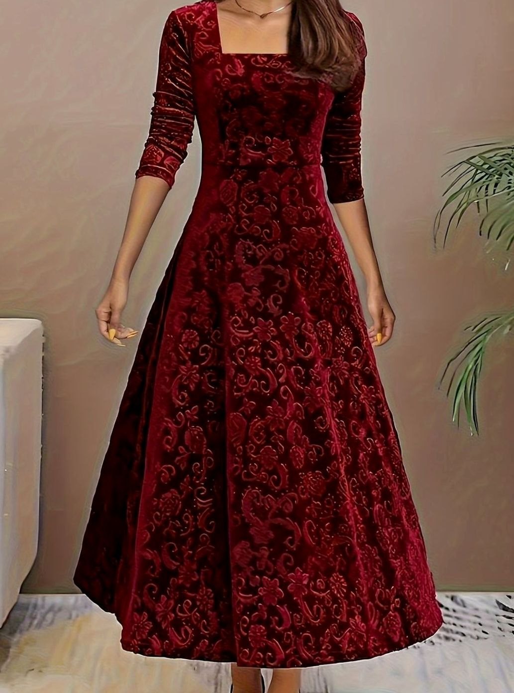 Damen Florales Samt-Midi-Kleid für Formelle Anlässe A-Linie - Dunkelrot
