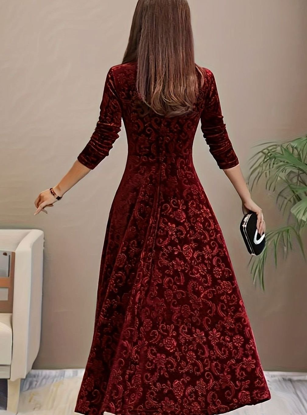 Damen Florales Samt-Midi-Kleid für Formelle Anlässe A-Linie