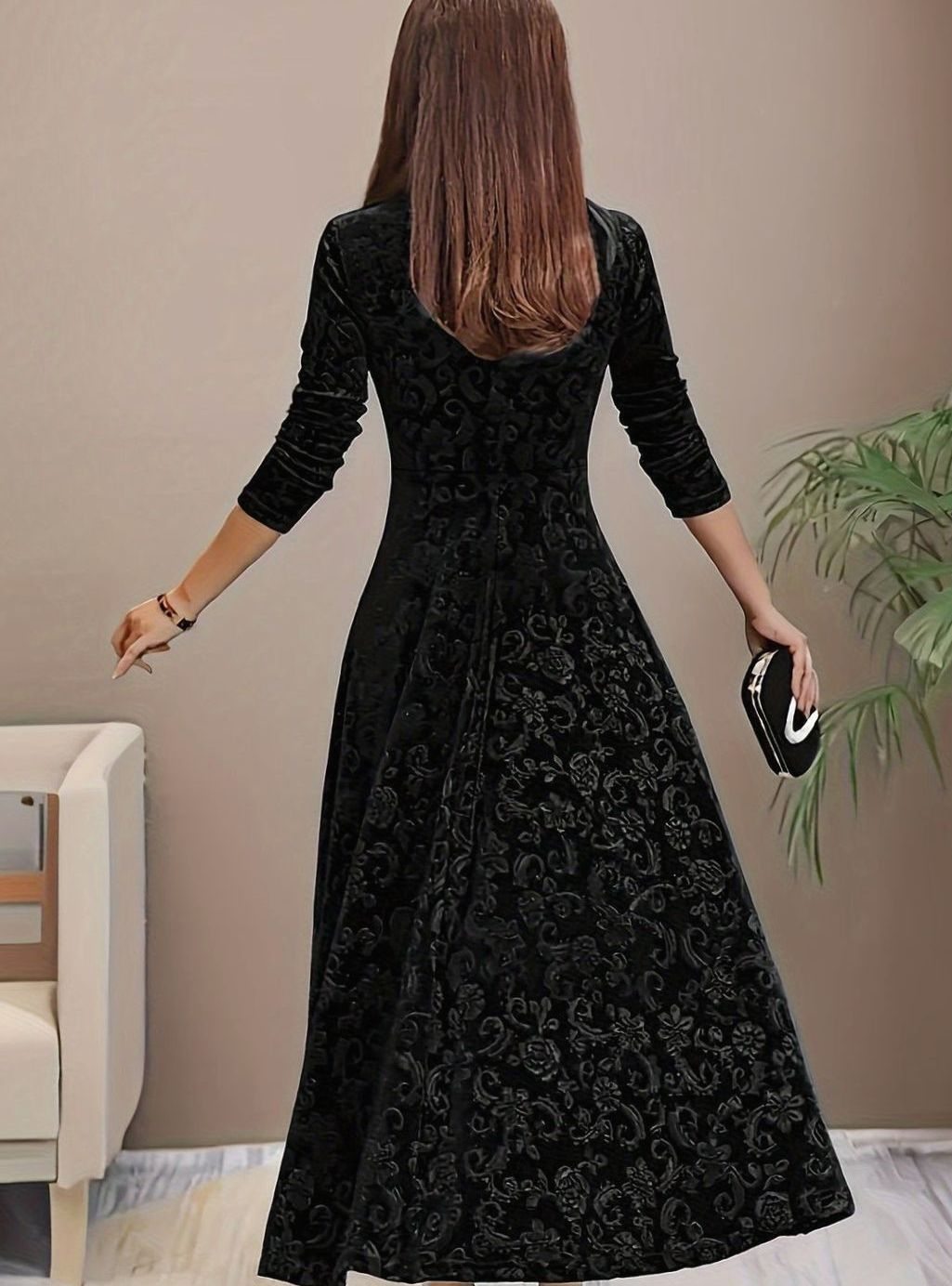 Damen Florales Samt-Midi-Kleid für Formelle Anlässe A-Linie