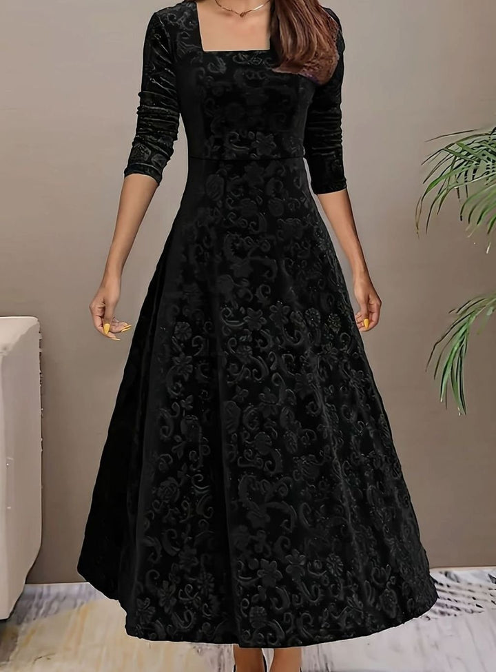 Damen Florales Samt-Midi-Kleid für Formelle Anlässe A-Linie - Schwarz
