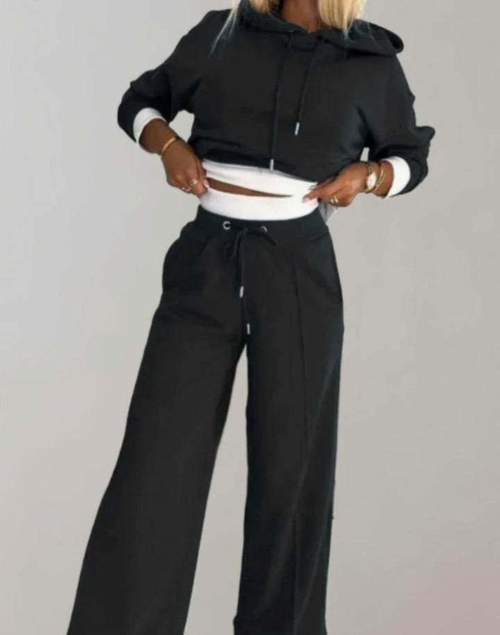 Damen Freizeit Hoodie Jogginganzug Set Crop Kapuzenpullover Weite Hose - Schwarz