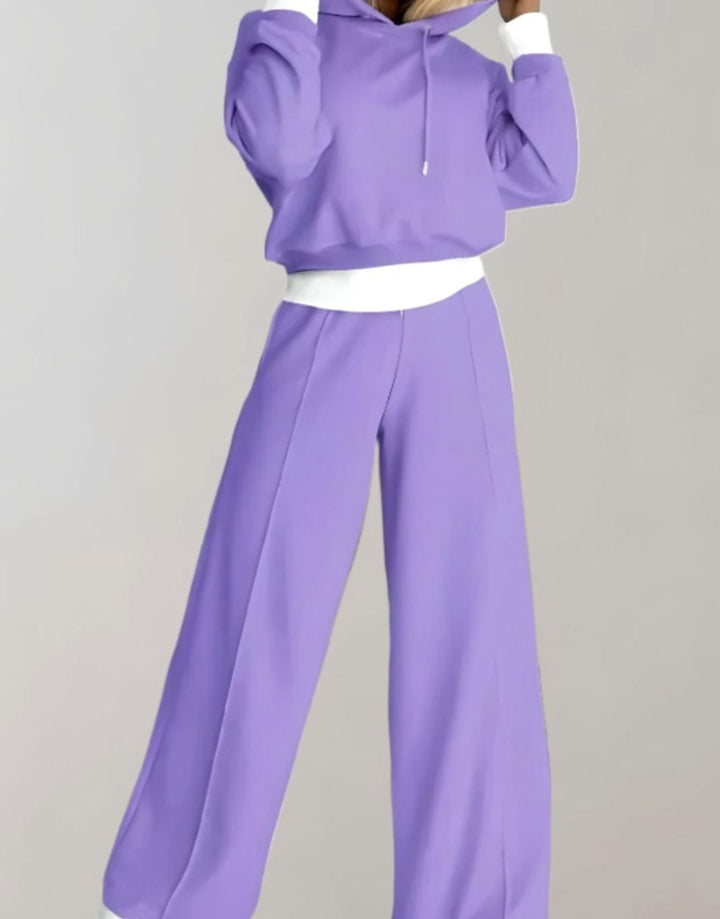 Damen Freizeit Hoodie Jogginganzug Set Crop Kapuzenpullover Weite Hose - Lila