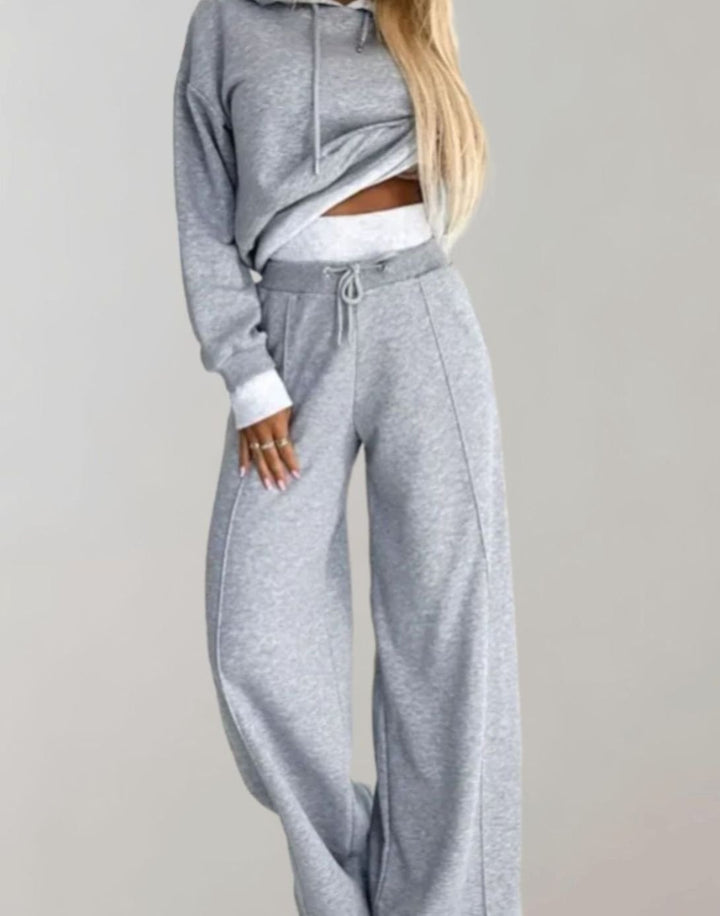 Damen Freizeit Hoodie Jogginganzug Set Crop Kapuzenpullover Weite Hose - Grau
