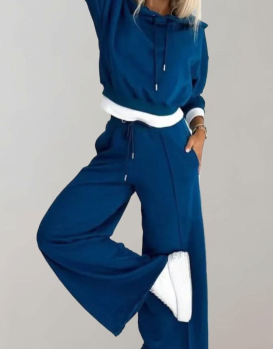 Damen Freizeit Hoodie Jogginganzug Set Crop Kapuzenpullover Weite Hose - Blau