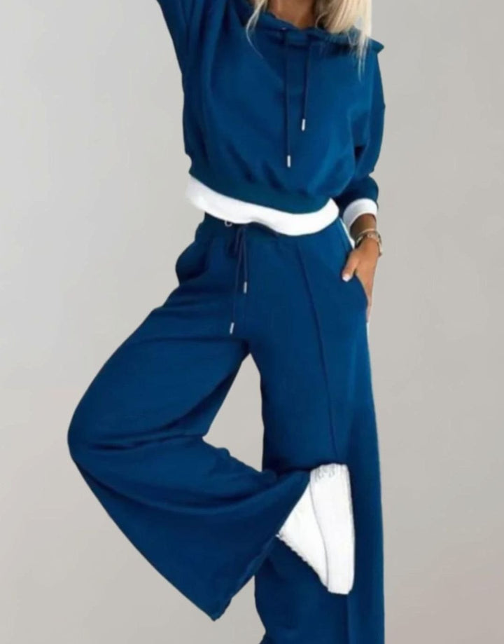 Damen Freizeit Hoodie Jogginganzug Set Crop Kapuzenpullover Weite Hose - Blau