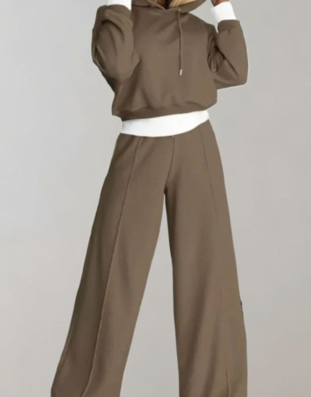 Damen Freizeit Hoodie Jogginganzug Set Crop Kapuzenpullover Weite Hose - Braun