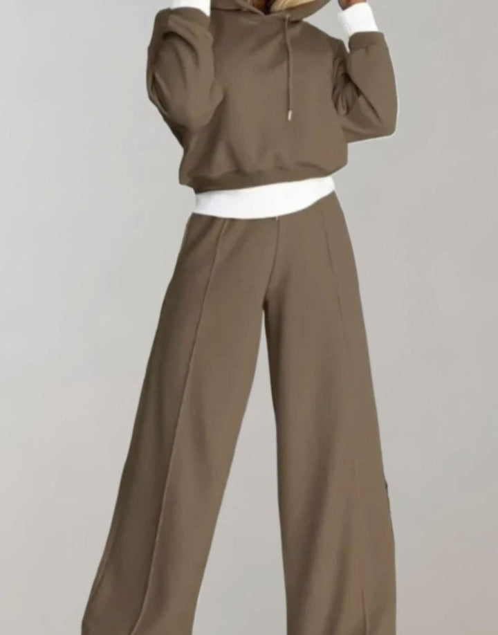 Damen Freizeit Hoodie Jogginganzug Set Crop Kapuzenpullover Weite Hose - Braun
