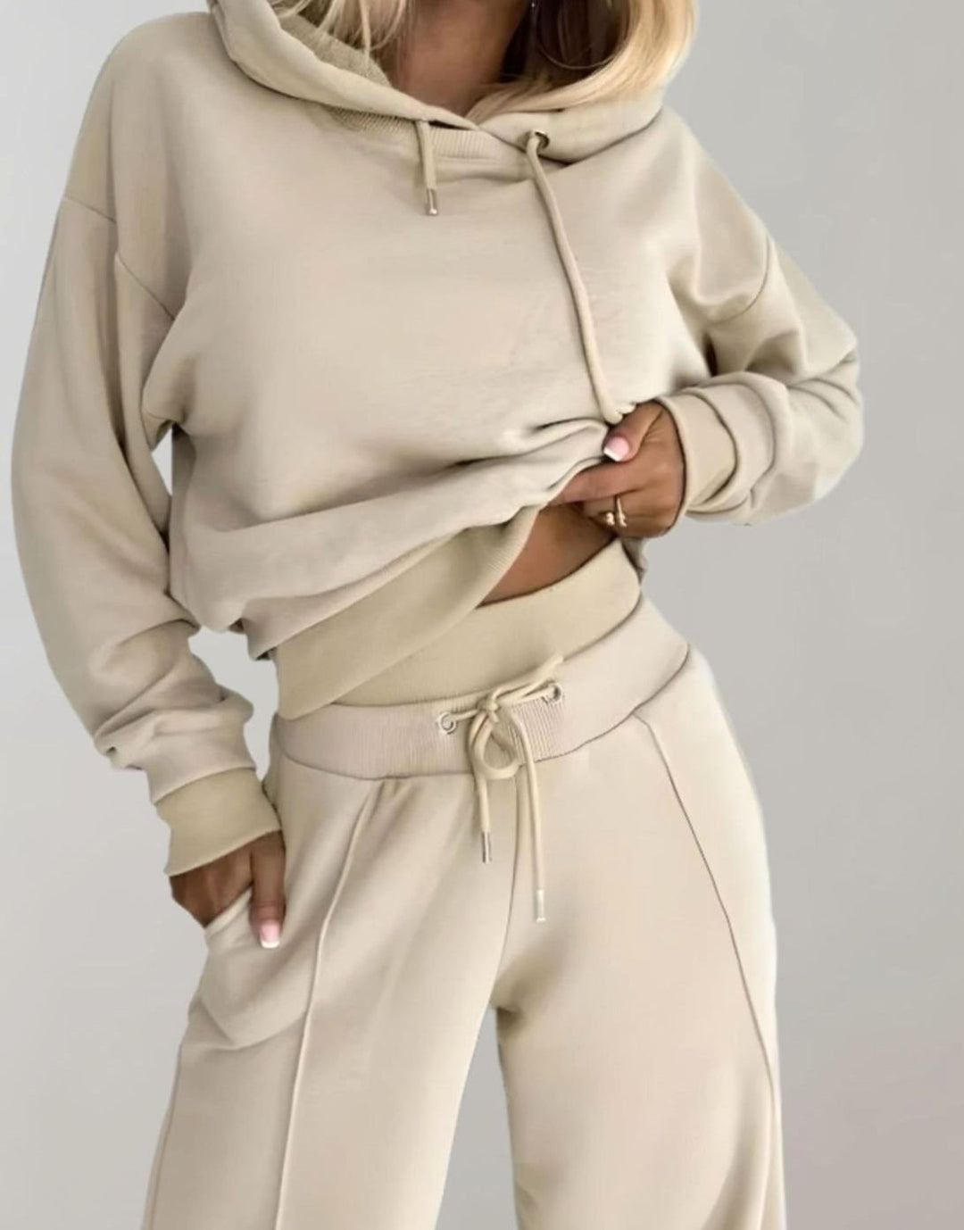 Damen Freizeit Hoodie Jogginganzug Set Crop Kapuzenpullover Weite Hose - Beige